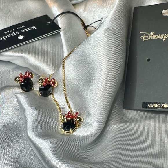 NWT Disney x Kate Spade Minnie Mouse Earrings & Necklace Set | Gold Black Red CZ - Picture 2 of 12